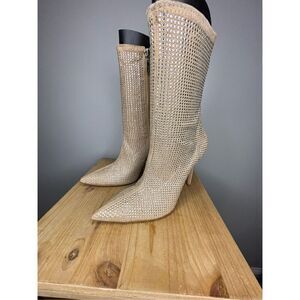Schutz Women's Sybil Suede & Rhinestone Stilleto Heel‎ Mid-Calf Bootie Tan 9.5B